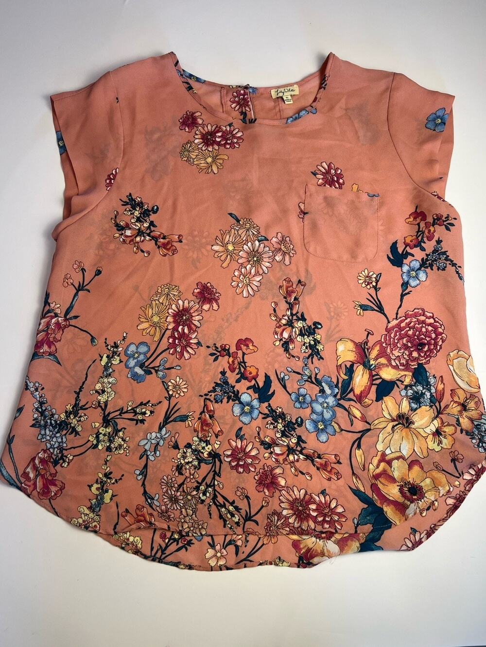 Lily White Floral Blouse Top Women's XL Peach Pink Sleeveless Keyhole Back